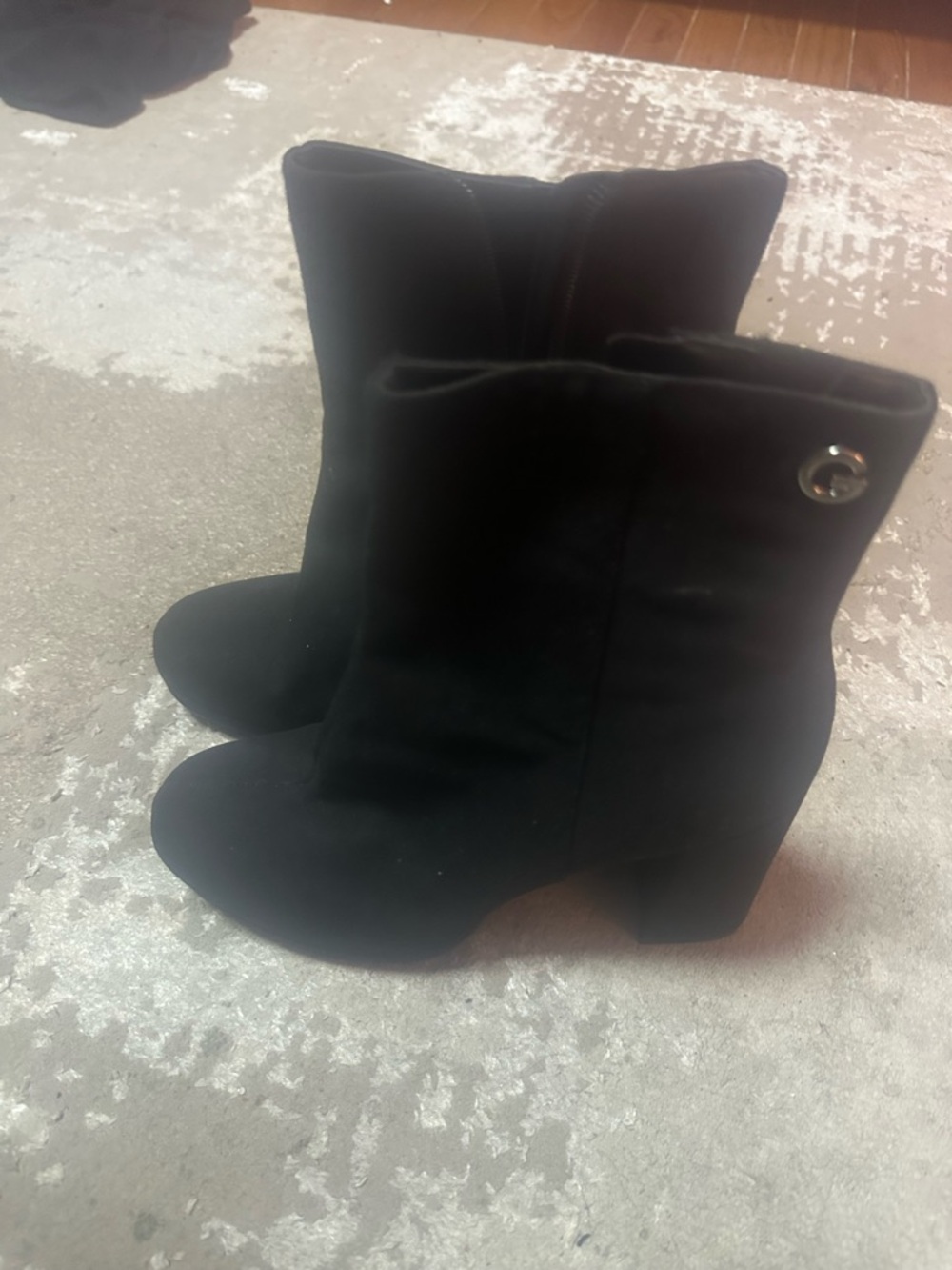 G by Guess Black Suede-Look Block Heel Ankle Boots with Gold G Accent - Picture 2 of 2
